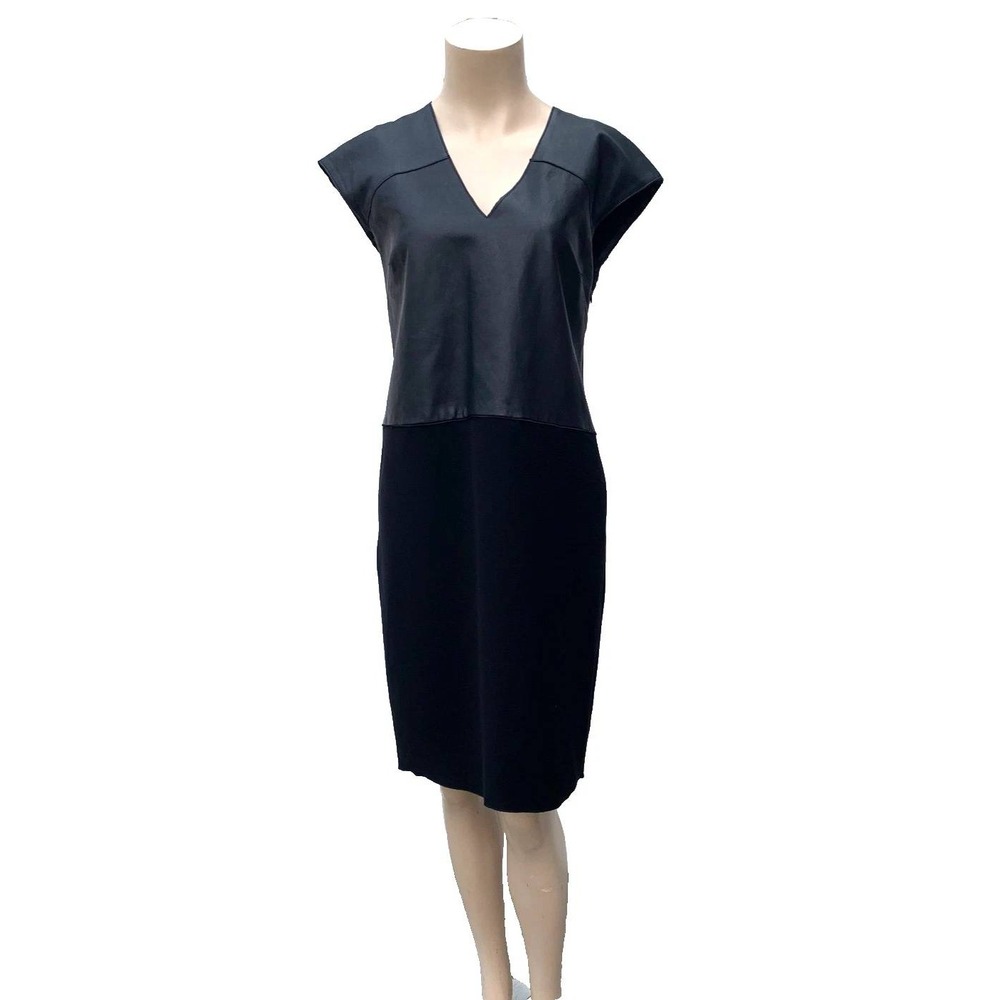 Derek Lam 10 Crosby Lamb Leather Panel V-Neck Sheath Dress Black Size 4 EUC